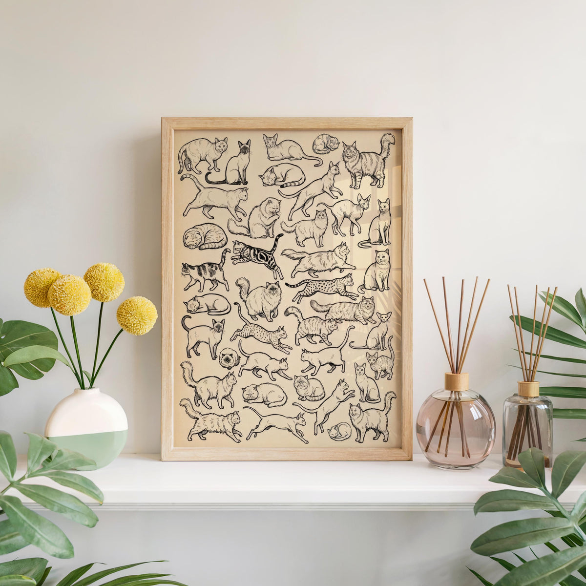 Cats Sketch Print, Vintage Cat Drawing, Retro Animal Illustration, Minimalist Pet Decor