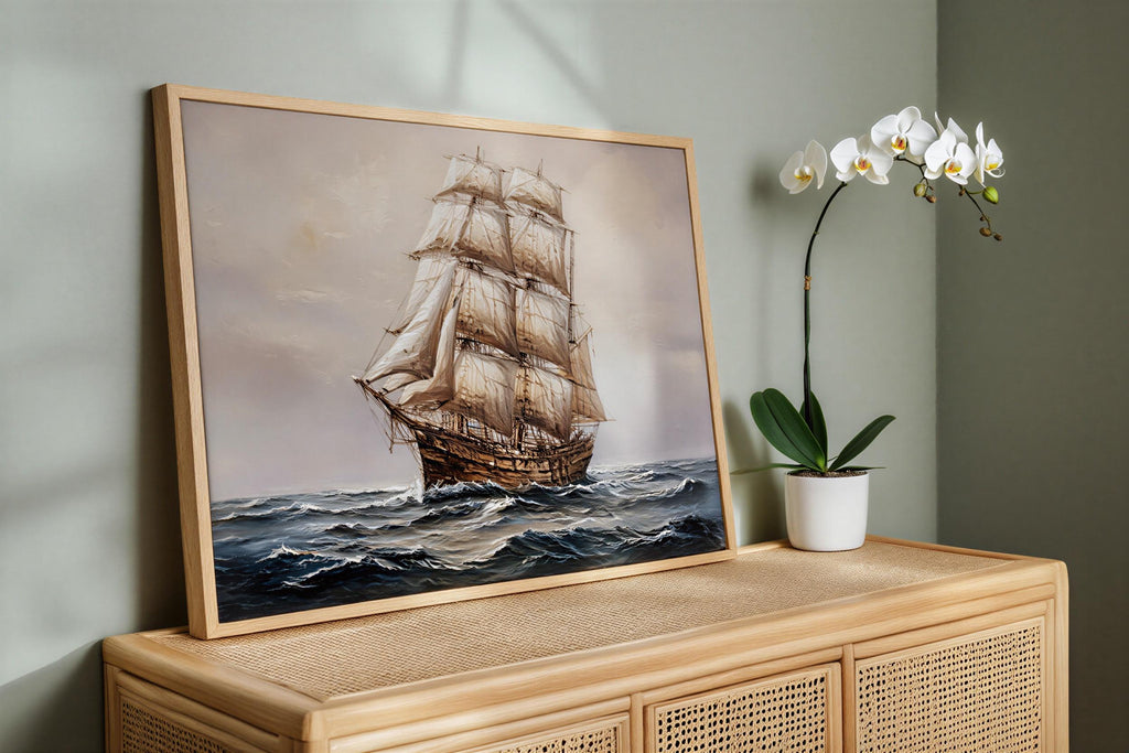 Antique tall ship canvas for nautical wall art; billowing sails on a moody navy blue seascape framed in ornate gold.