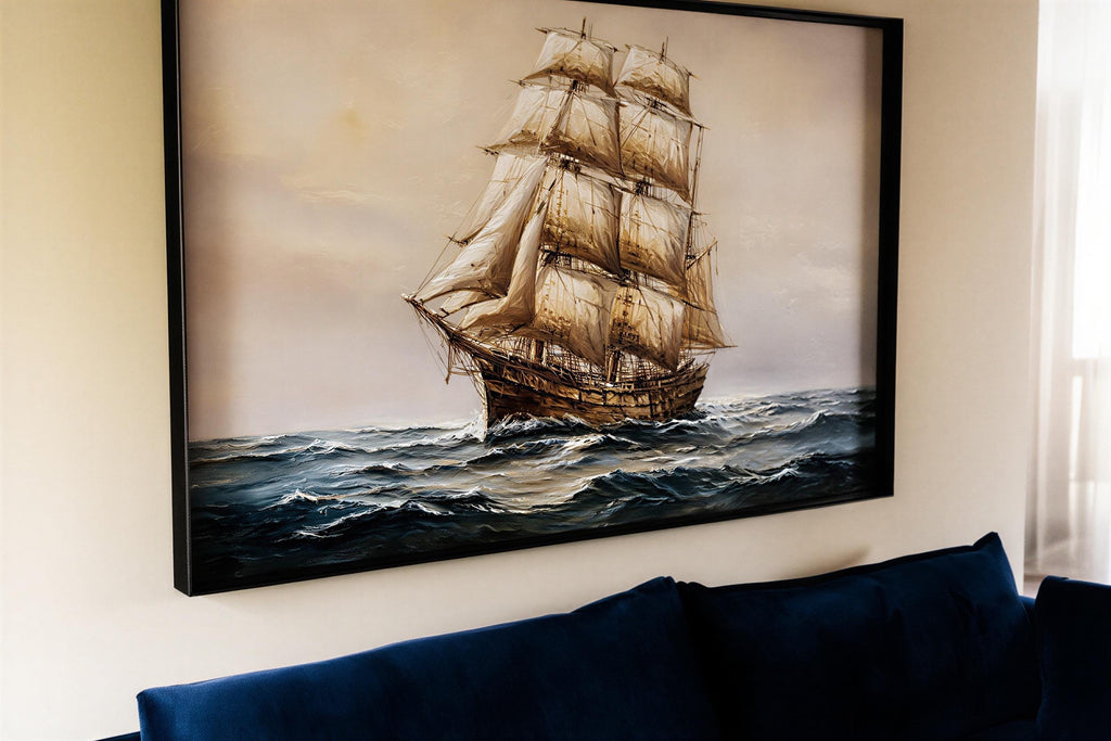 Antique tall ship canvas for nautical wall art; billowing sails on a moody navy blue seascape framed in ornate gold.