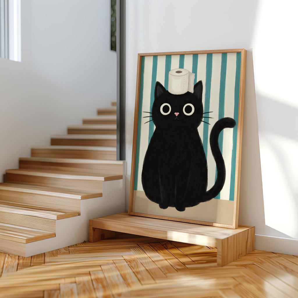 Funny Black Cat Bathroom Poster, Whimsical Restroom Print, Cute Toilet Paper Cat Wall Art, Minimal Bathroom Decor, Quirky Animal Lover Gift