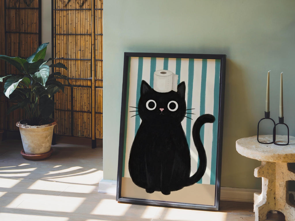 Funny Black Cat Bathroom Poster, Whimsical Restroom Print, Cute Toilet Paper Cat Wall Art, Minimal Bathroom Decor, Quirky Animal Lover Gift