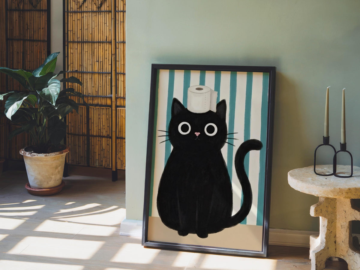 Funny Black Cat Bathroom Poster, Whimsical Restroom Print, Cute Toilet Paper Cat Wall Art, Minimal Bathroom Decor, Quirky Animal Lover Gift