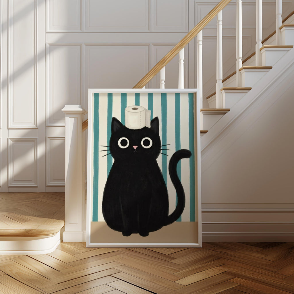 Funny Black Cat Bathroom Poster, Whimsical Restroom Print, Cute Toilet Paper Cat Wall Art, Minimal Bathroom Decor, Quirky Animal Lover Gift