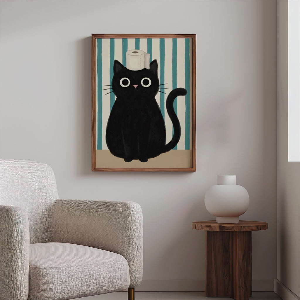 Funny Black Cat Bathroom Poster, Whimsical Restroom Print, Cute Toilet Paper Cat Wall Art, Minimal Bathroom Decor, Quirky Animal Lover Gift