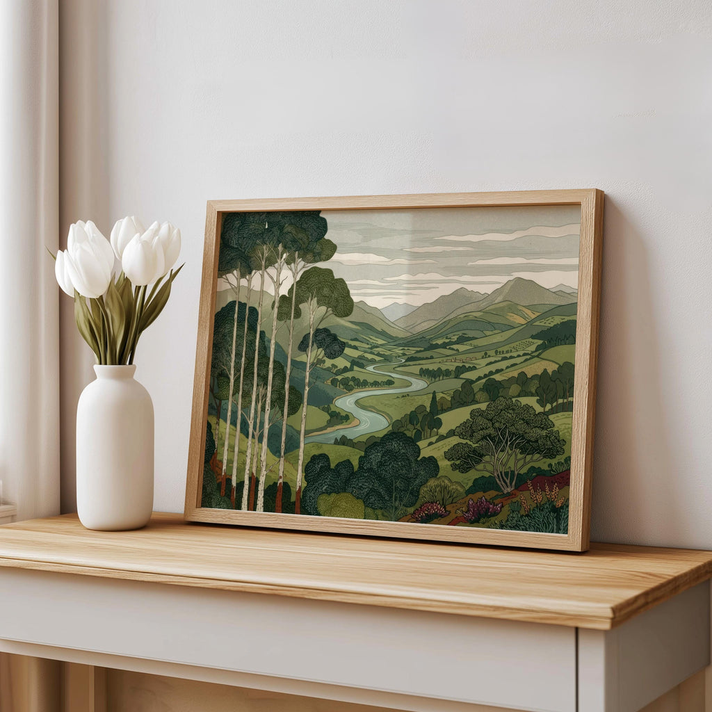 Vintage Mountain & Forest Landscape Print Wall Art, Horizontal Tall Trees Over Rolling Hills Poster, Living Room Japanese Style Nature Decor