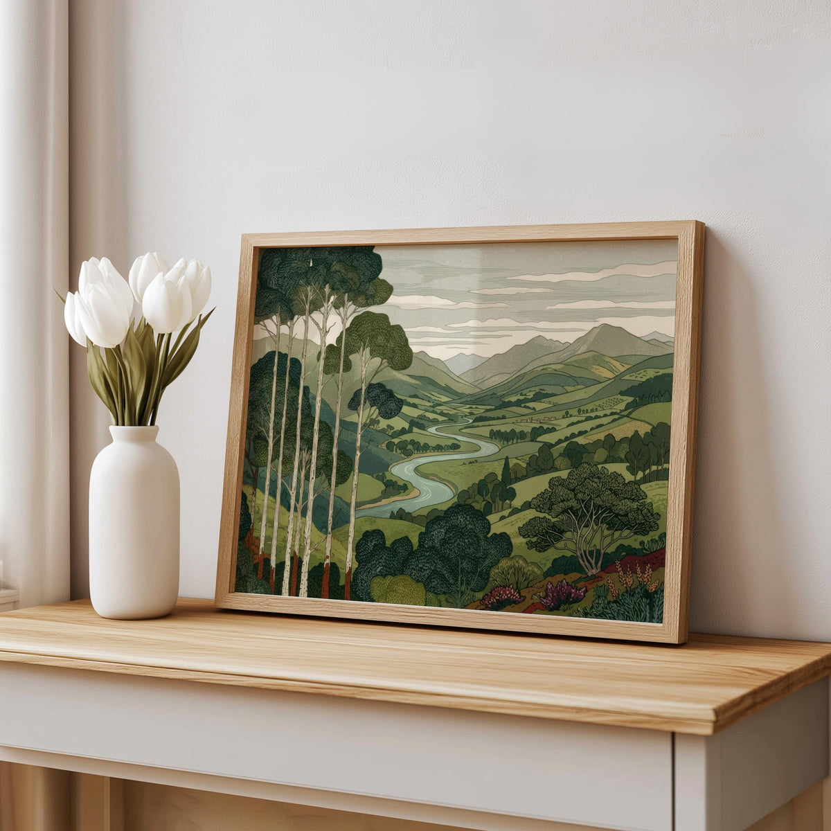 Vintage Mountain & Forest Landscape Print Wall Art, Horizontal Tall Trees Over Rolling Hills Poster, Living Room Japanese Style Nature Decor