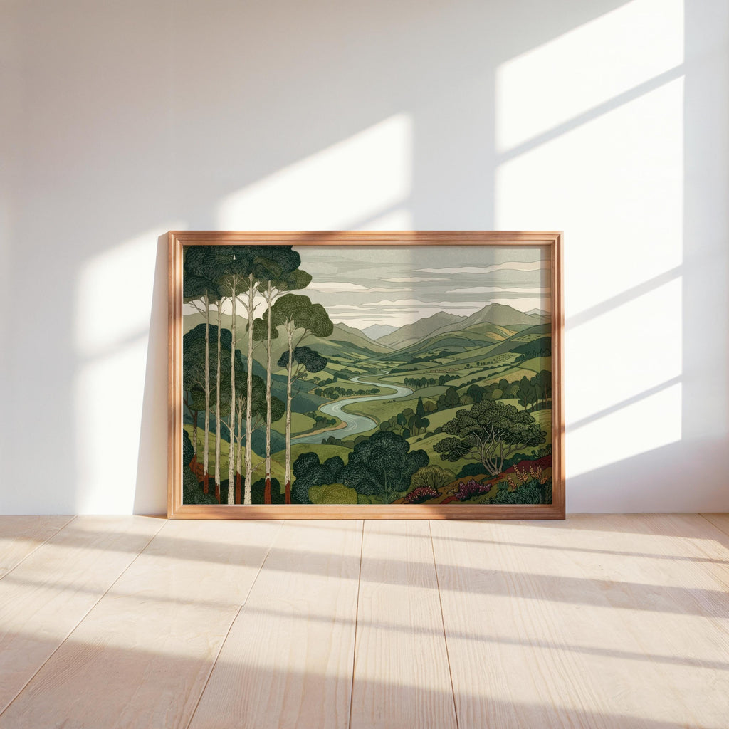 Vintage Mountain & Forest Landscape Print Wall Art, Horizontal Tall Trees Over Rolling Hills Poster, Living Room Japanese Style Nature Decor