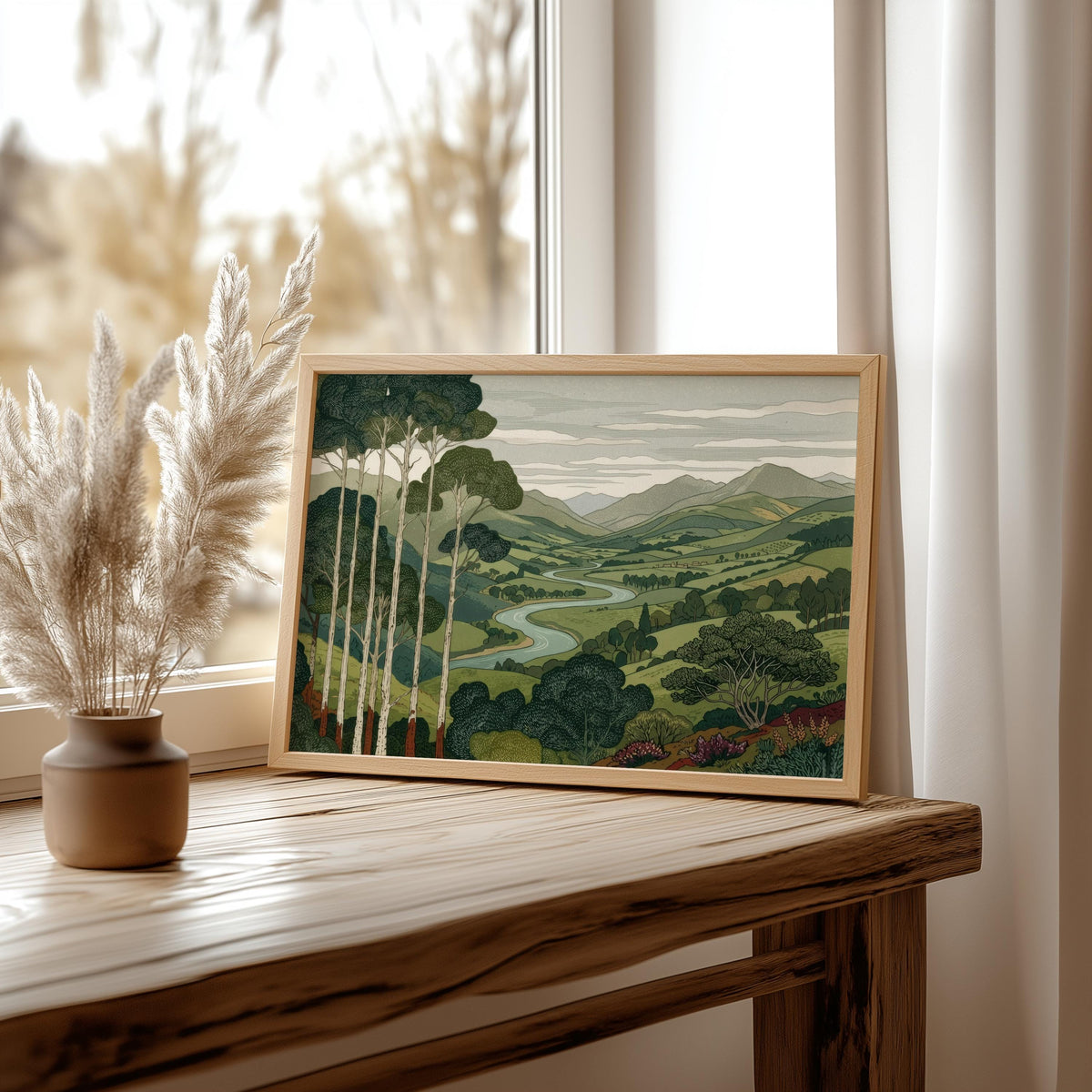Vintage Mountain & Forest Landscape Print Wall Art, Horizontal Tall Trees Over Rolling Hills Poster, Living Room Japanese Style Nature Decor