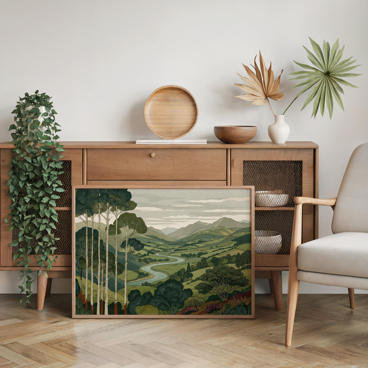 Vintage Mountain & Forest Landscape Print Wall Art, Horizontal Tall Trees Over Rolling Hills Poster, Living Room Japanese Style Nature Decor