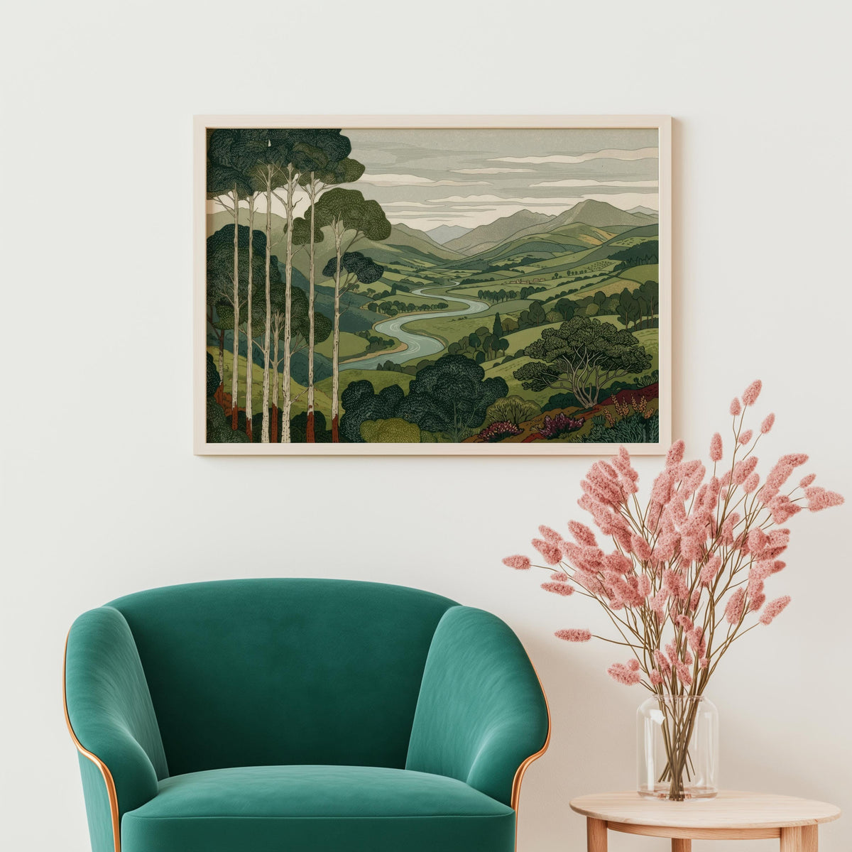 Vintage Mountain & Forest Landscape Print Wall Art, Horizontal Tall Trees Over Rolling Hills Poster, Living Room Japanese Style Nature Decor