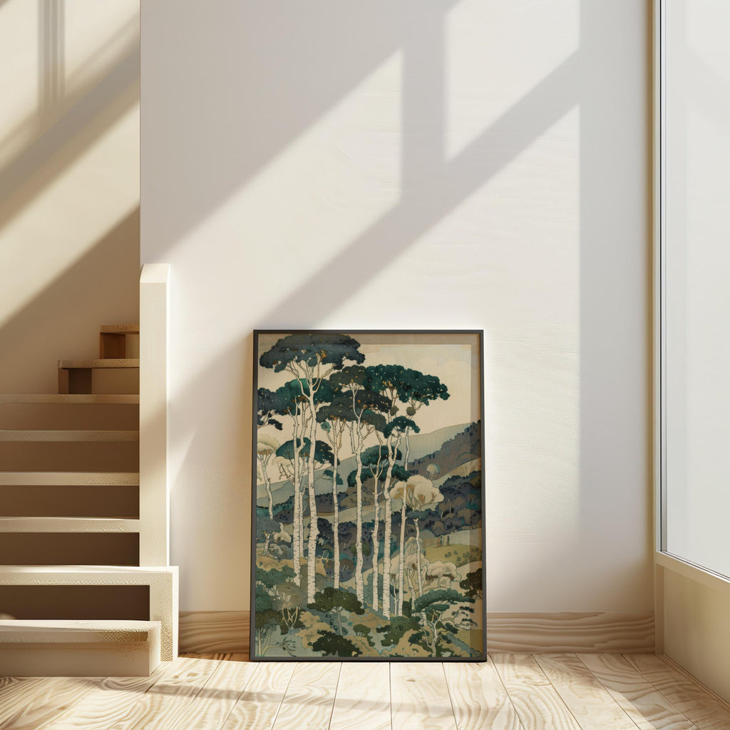 Vintage Tall Trees Over Rolling Hills Print, Forest & Mountain Landscape Wall Art, Living Room Poster, Japanese Style Nature Woodblock Decor