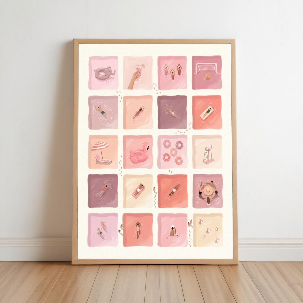 Pastel Pink Stripe Swimmer Wall Art, Mid Century Beach Print, Whimsical Sport Canvas, Vintage Pool Bathroom Decor, Retro Summer Home Poster