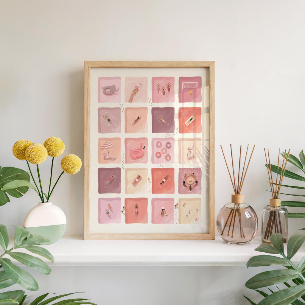 Pastel Pink Stripe Swimmer Wall Art, Mid Century Beach Print, Whimsical Sport Canvas, Vintage Pool Bathroom Decor, Retro Summer Home Poster