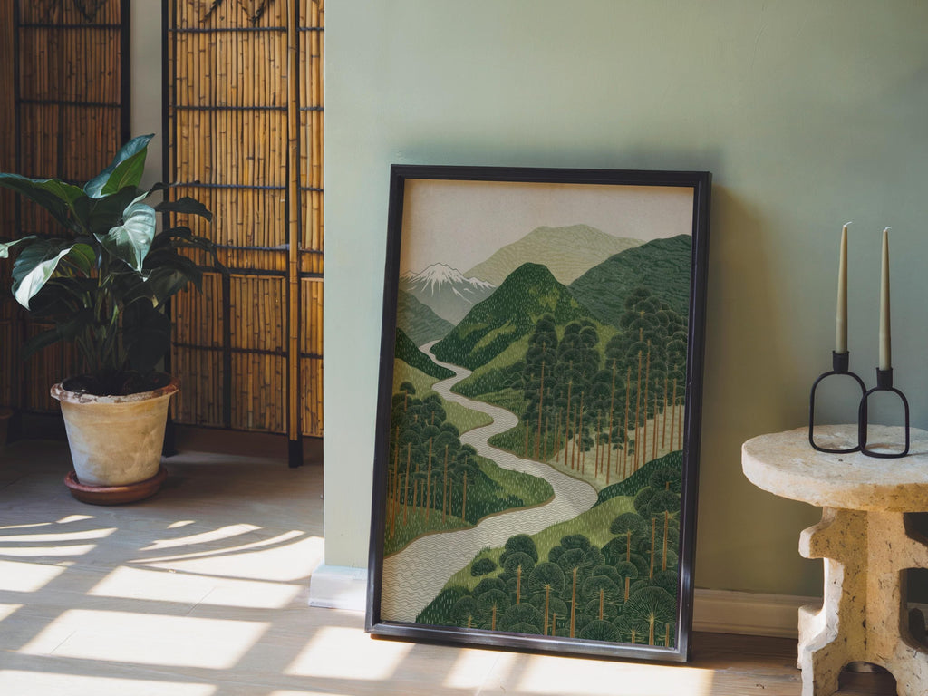 Print resting against a sage wall beside plants, rustic cabin wall art vibes, earthy green landscape print
