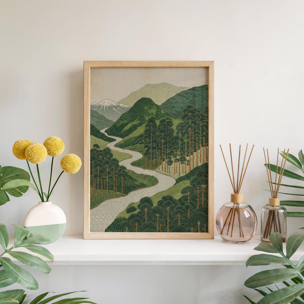 Hung Japanese mountain landscape wall art above shelf with yellow flowers, calm Japandi nature wall decor