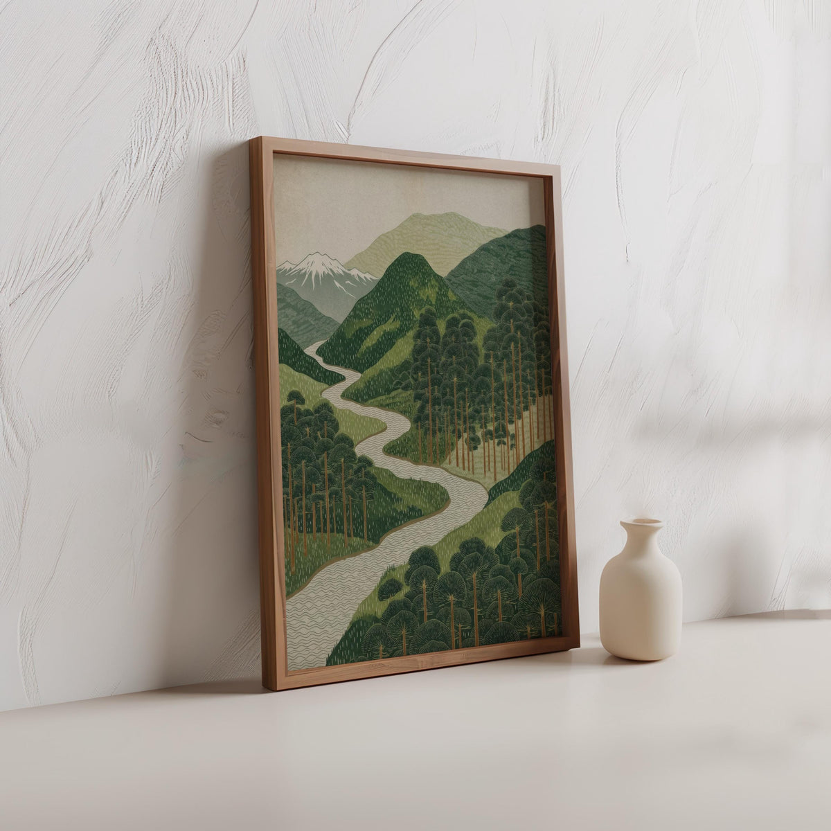 Leaning print against plaster wall with small vases, minimalist Japanese wall art with rustic charm