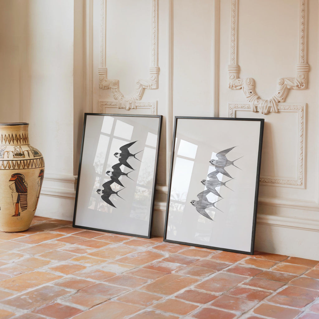 Vintage Swallow Wall Art Set of 2, Black & White Retro Flying Birds Print, Japandi Poster, Classic Nature Decor, Traditional Asian Animal