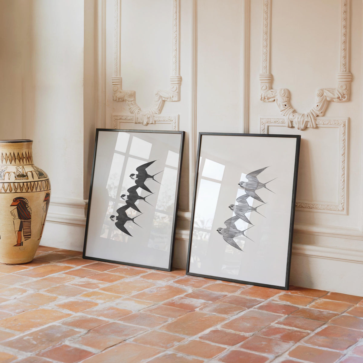 Vintage Swallow Wall Art Set of 2, Black & White Retro Flying Birds Print, Japandi Poster, Classic Nature Decor, Traditional Asian Animal