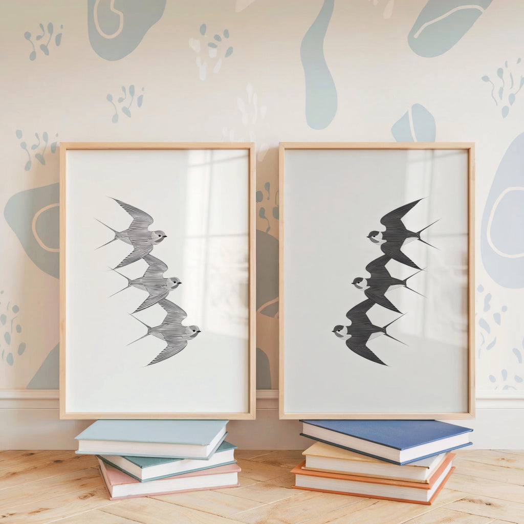 Vintage Swallow Wall Art Set of 2, Black & White Retro Flying Birds Print, Japandi Poster, Classic Nature Decor, Traditional Asian Animal