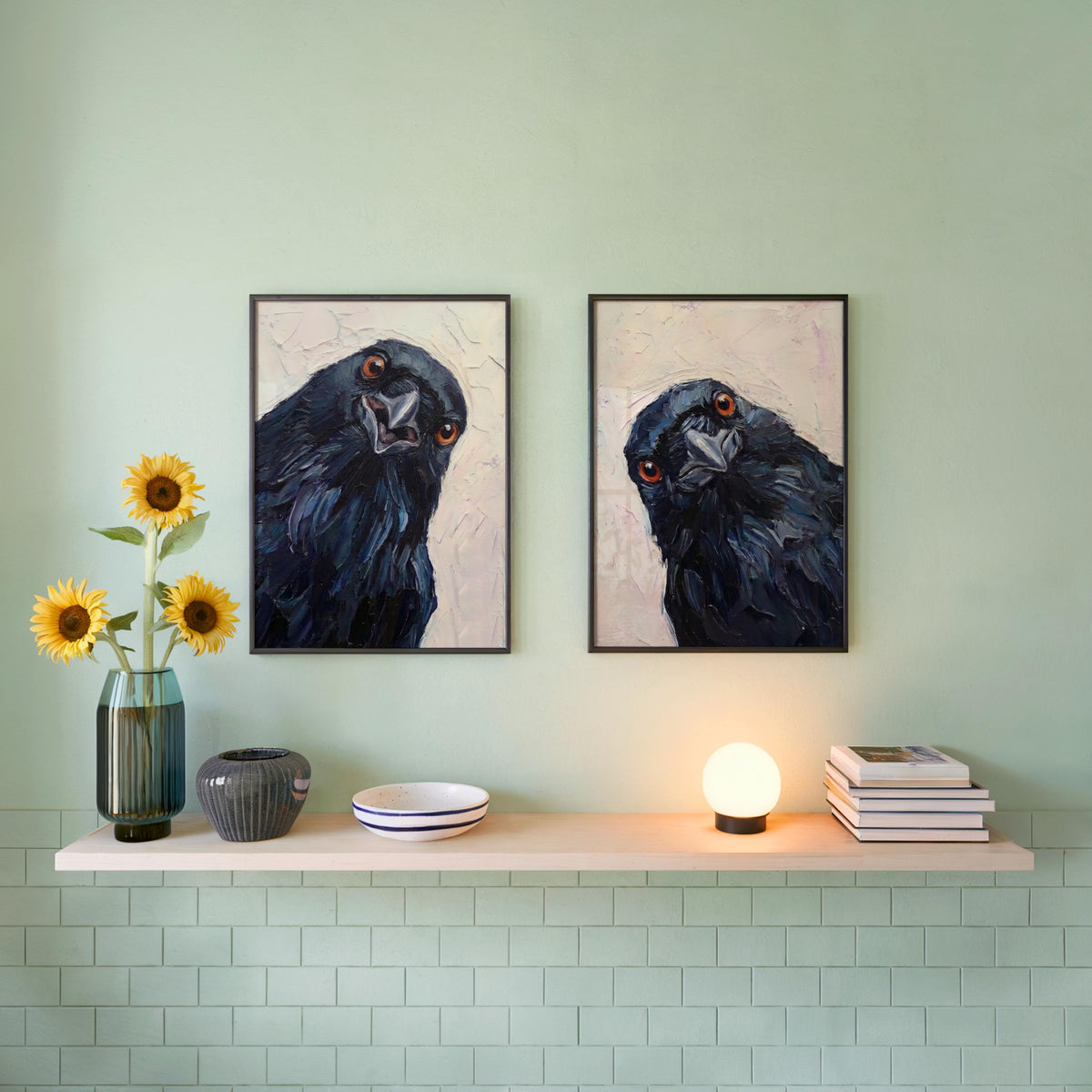 Whimsical Crows Wall Art Set of 2, Curious Raven Portrait, Moody Bird Lover Painting, Rustic Animal Print, Nursery Gift, Modern Home Decor