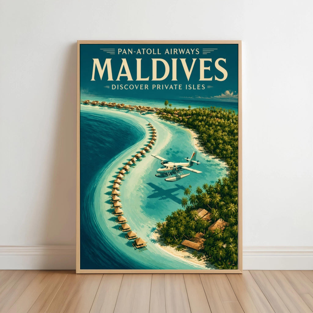 Maldives Vintage Travel Poster, Retro Tropical Island Wall Art, Old School Airline Beach Print, Honeymoon Gift, Travel Lover Gift