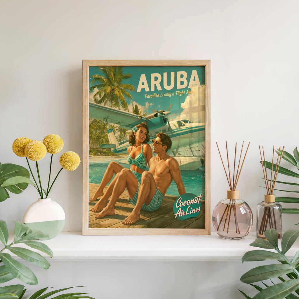 Retro Vacation Print: 1950s Tropical Travel Poster, Vintage Beach Couple Wall Art, Mid Century Pinup Aviation Ad, Pan Am Aruba Home Decor