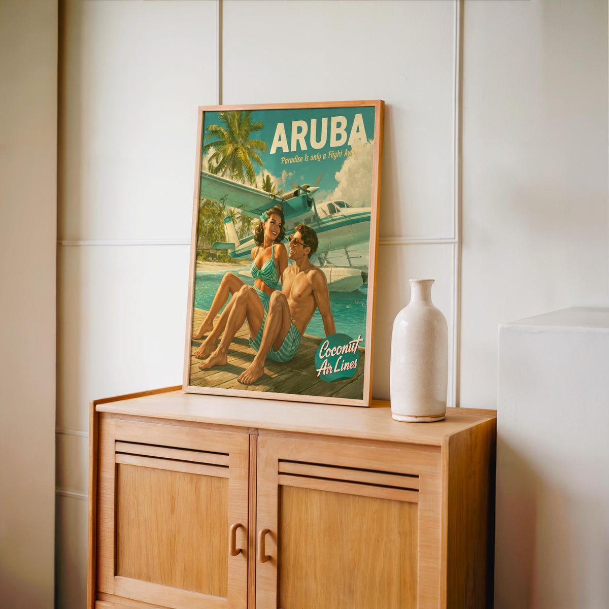 Retro Vacation Print: 1950s Tropical Travel Poster, Vintage Beach Couple Wall Art, Mid Century Pinup Aviation Ad, Pan Am Aruba Home Decor