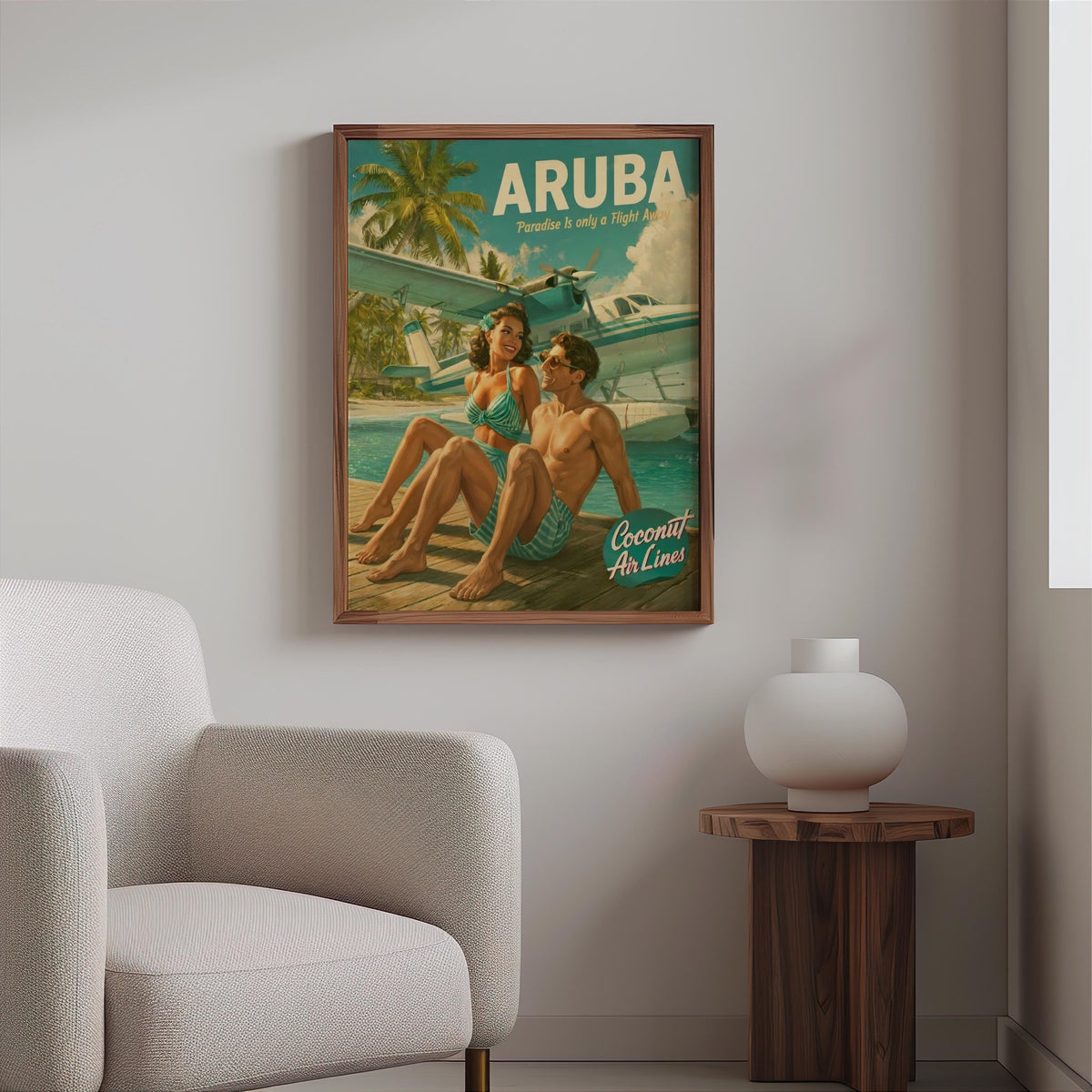 Retro Vacation Print: 1950s Tropical Travel Poster, Vintage Beach Couple Wall Art, Mid Century Pinup Aviation Ad, Pan Am Aruba Home Decor