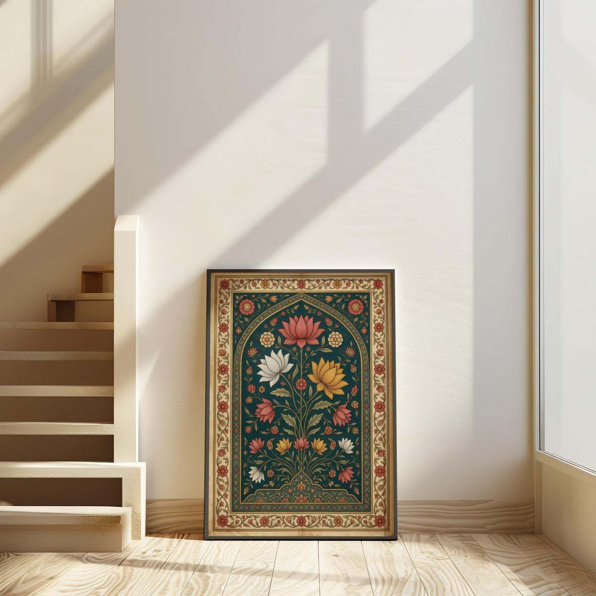 Mughal Floral Wall Decor, Indian Folk Art Pichwai Print, Lotus Poster, Teal Botanical Arched Poster, Islamic Pattern Persian Miniature Gift