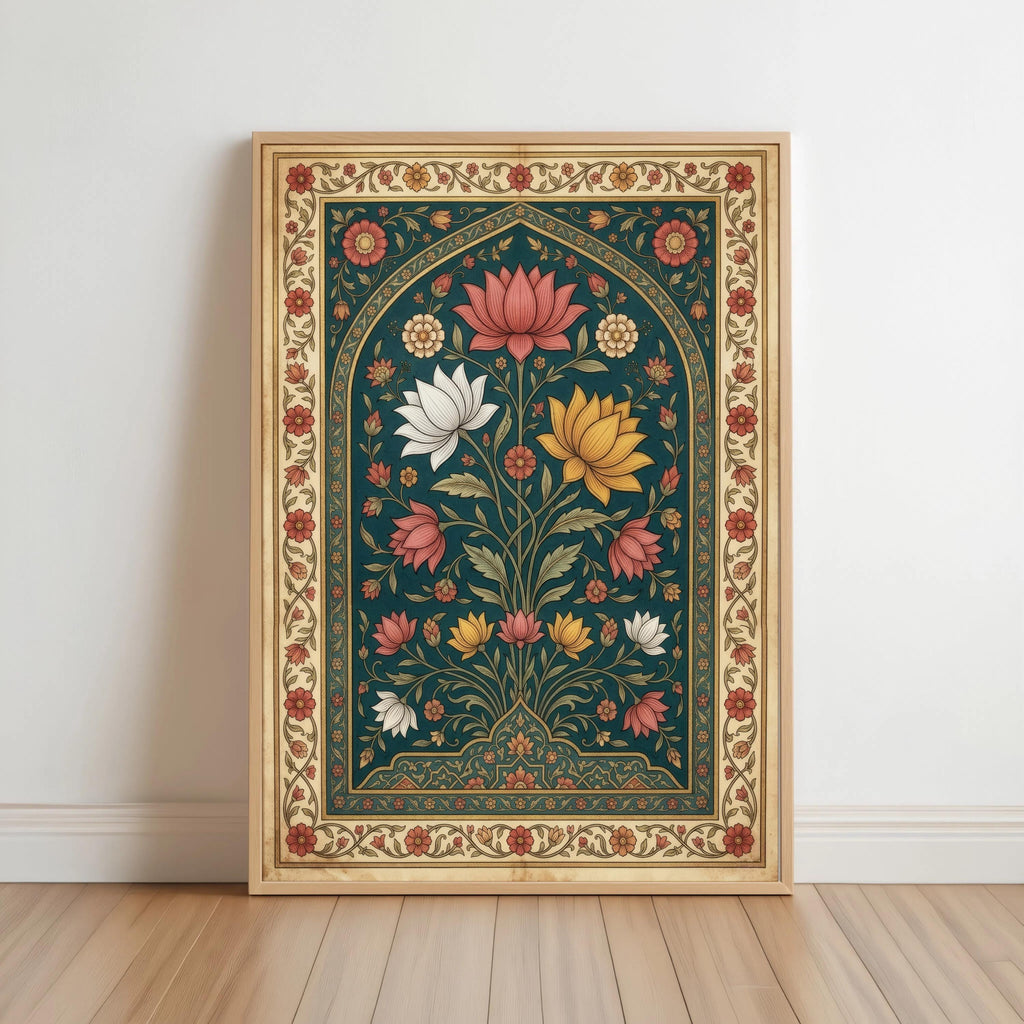 Mughal Floral Wall Decor, Indian Folk Art Pichwai Print, Lotus Poster, Teal Botanical Arched Poster, Islamic Pattern Persian Miniature Gift