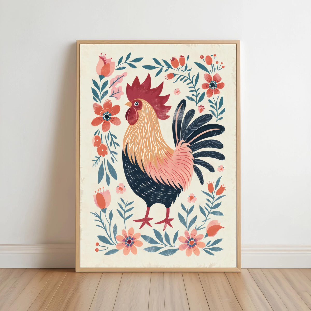 Scandinavian Folk Art Rooster Print, Botanical Floral Kitchen Decor, Boho Cottagecore Farmhouse Poster