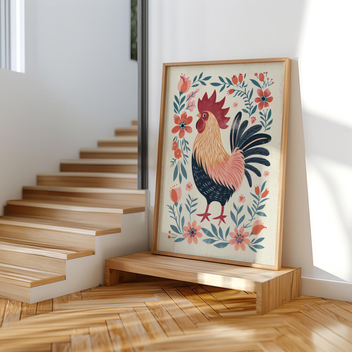 Scandinavian Folk Art Rooster Print, Botanical Floral Kitchen Decor, Boho Cottagecore Farmhouse Poster