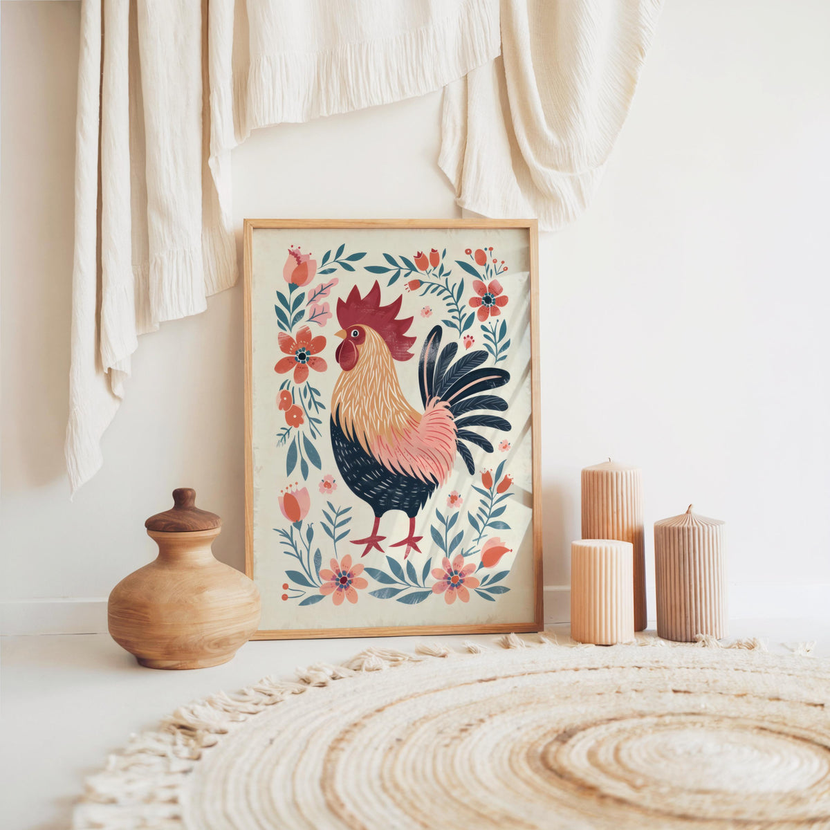 Scandinavian Folk Art Rooster Print, Botanical Floral Kitchen Decor, Boho Cottagecore Farmhouse Poster