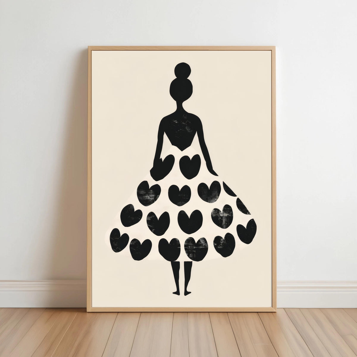 Woman Silhouette Heart Dress Print, Black Cream Fashion Poster, Modern Boho Wall Art