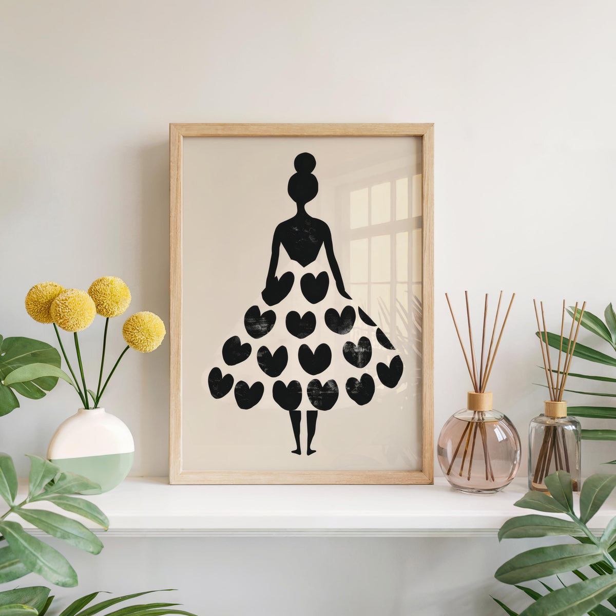 Woman Silhouette Heart Dress Print, Black Cream Fashion Poster, Modern Boho Wall Art