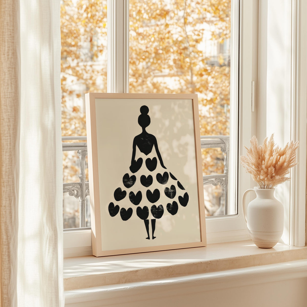 Woman Silhouette Heart Dress Print, Black Cream Fashion Poster, Modern Boho Wall Art