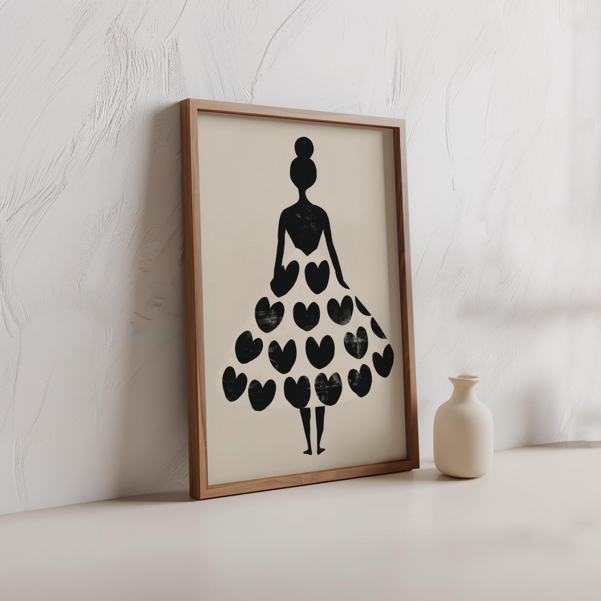 Woman Silhouette Heart Dress Print, Black Cream Fashion Poster, Modern Boho Wall Art