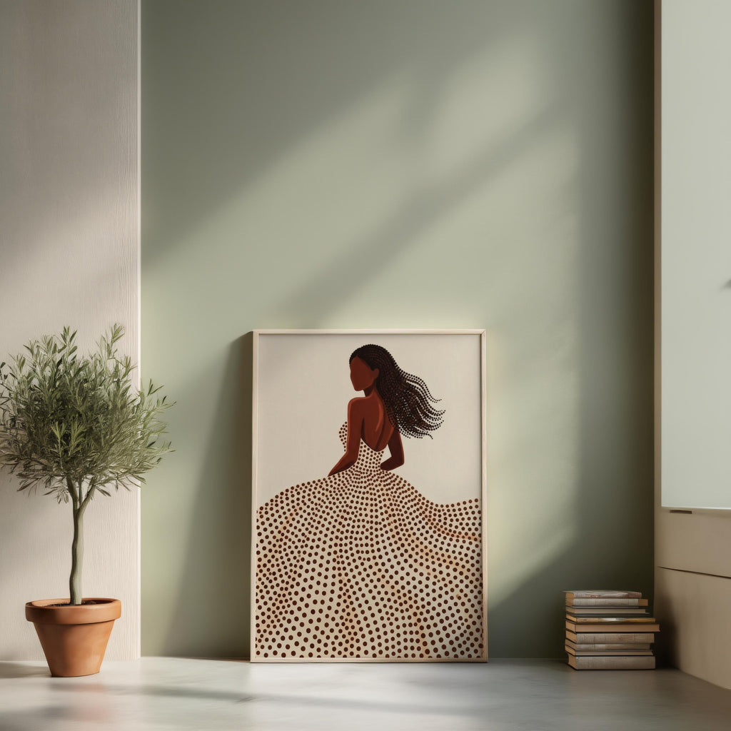 Minimalist Black Woman & Afro Hair Print, Abstract Beige Brown Decor, Modern Feminine Line Art, Boho Afrocentric Fashion Silhouette Wall Art