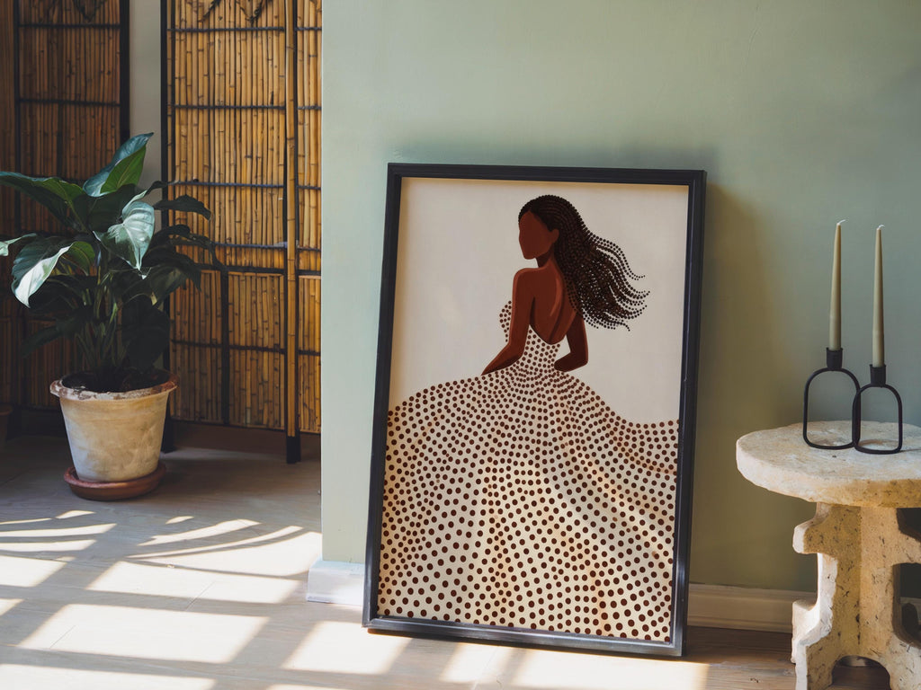 Minimalist Black Woman & Afro Hair Print, Abstract Beige Brown Decor, Modern Feminine Line Art, Boho Afrocentric Fashion Silhouette Wall Art