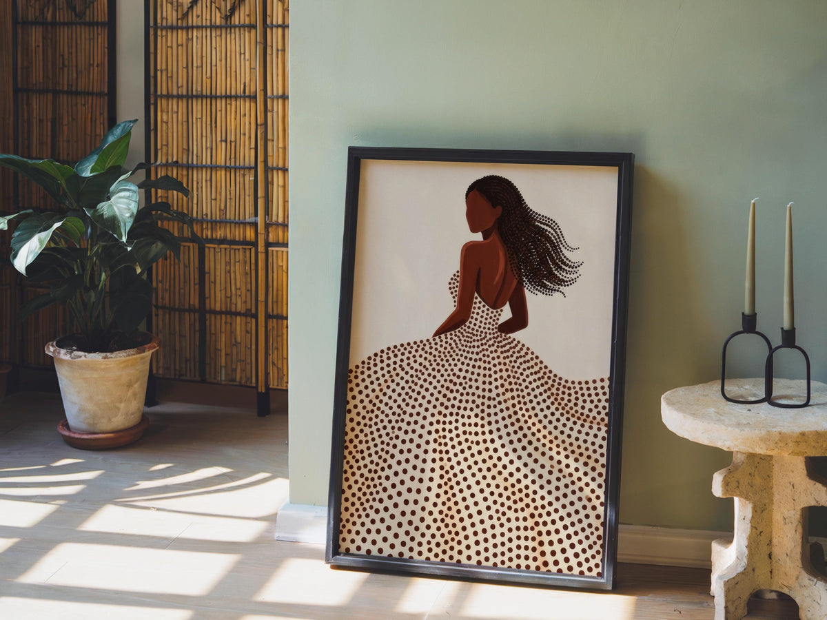 Minimalist Black Woman & Afro Hair Print, Abstract Beige Brown Decor, Modern Feminine Line Art, Boho Afrocentric Fashion Silhouette Wall Art