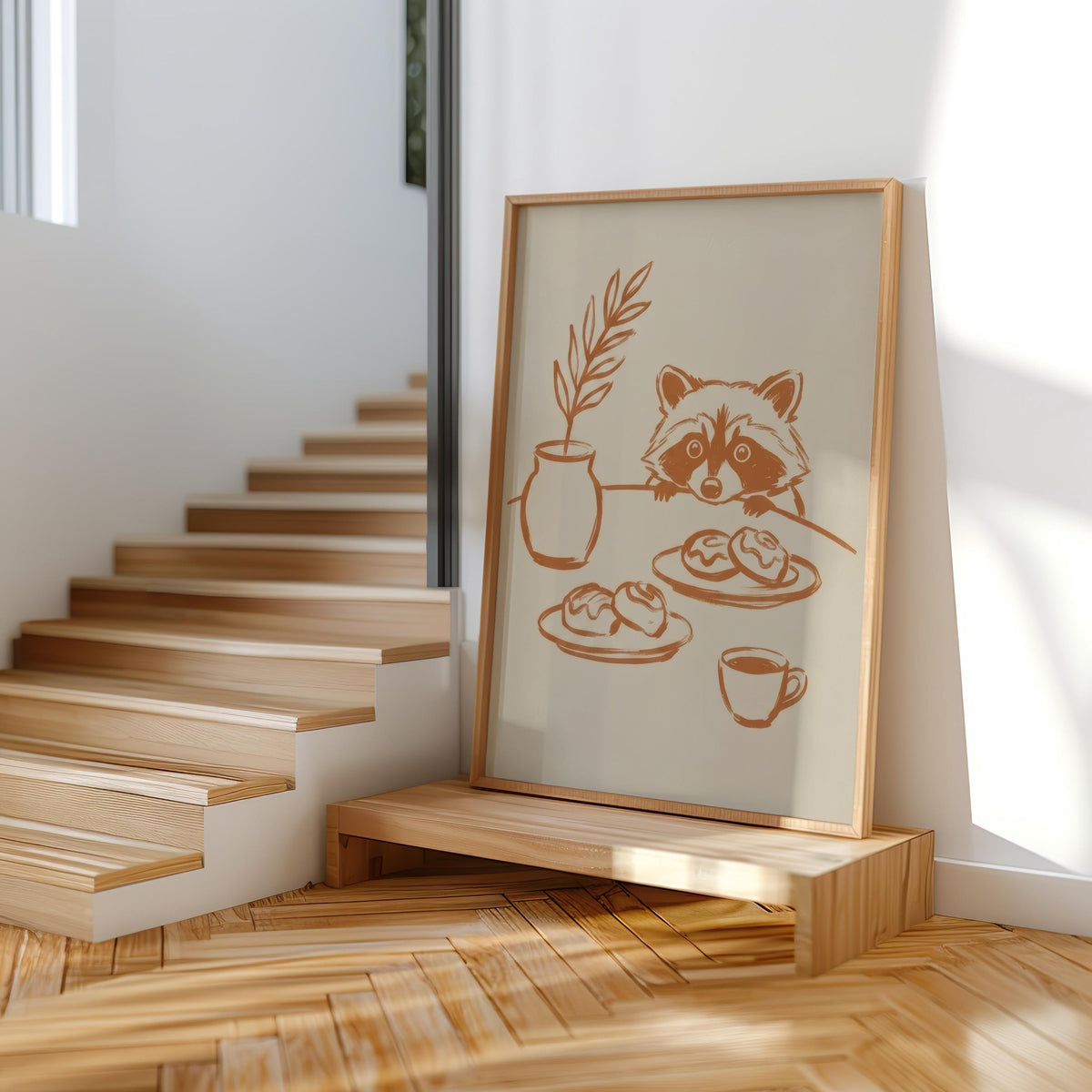 Sneaky Raccoon Wall Art, Minimal Terracotta Line Art Print, Whimsical Kitchen or Nursery Poster, Funny Animal Sketch, Modern Still Life