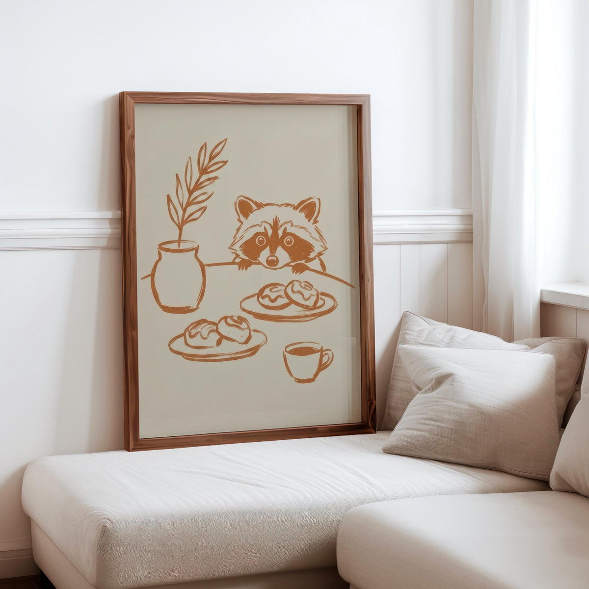 Sneaky Raccoon Wall Art, Minimal Terracotta Line Art Print, Whimsical Kitchen or Nursery Poster, Funny Animal Sketch, Modern Still Life
