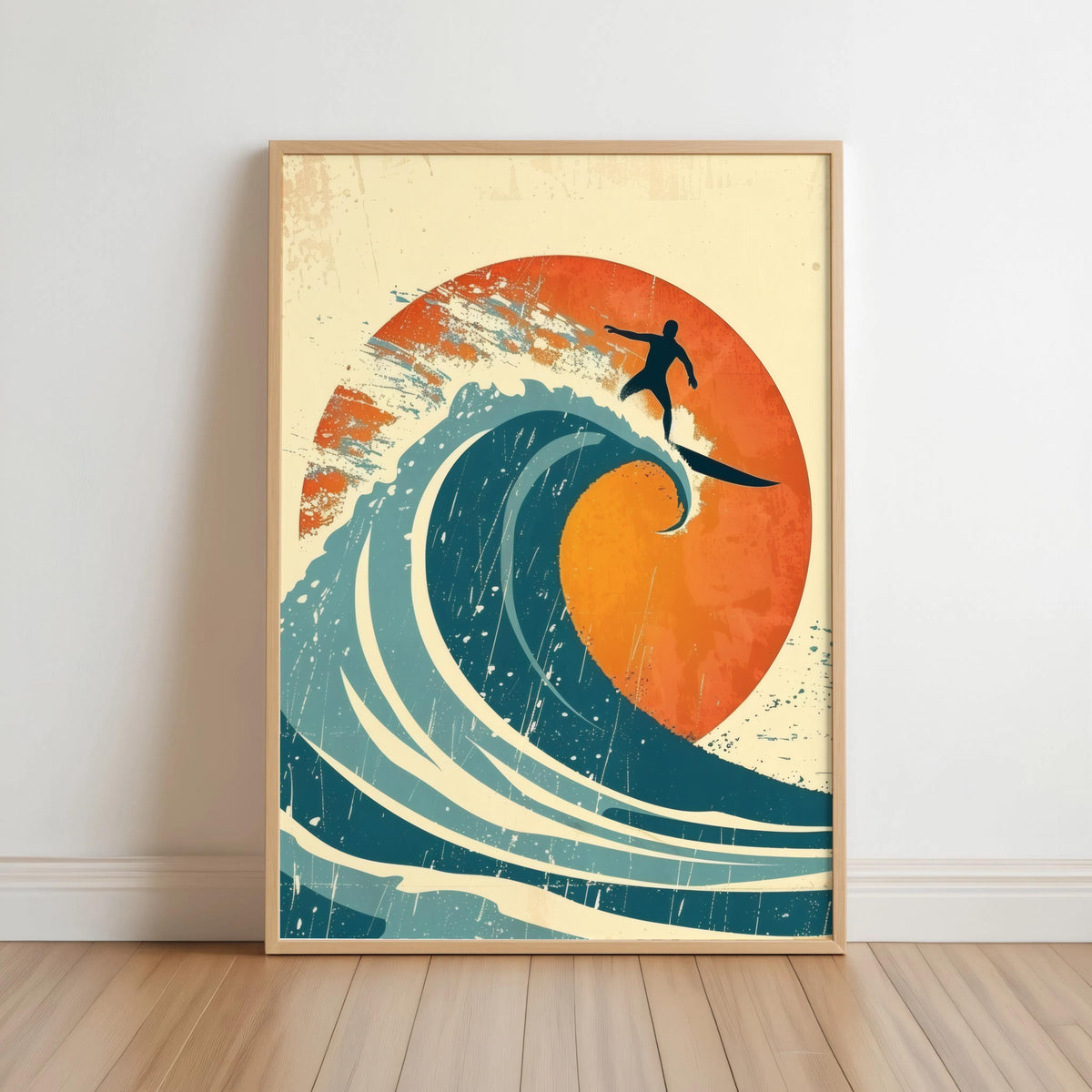 Vintage Surf Poster, Retro Surfing Wall Art, Ocean Wave Print, Mid Century Modern Beach Decor, Surfboard Art, Sunset Surfer Wall Decor