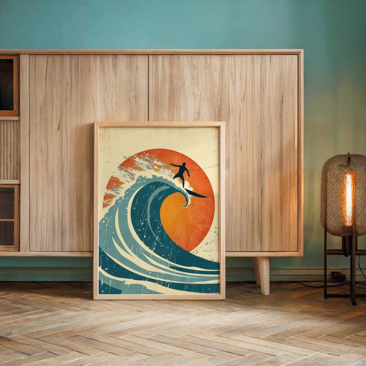 Vintage Surf Poster, Retro Surfing Wall Art, Ocean Wave Print, Mid Century Modern Beach Decor, Surfboard Art, Sunset Surfer Wall Decor