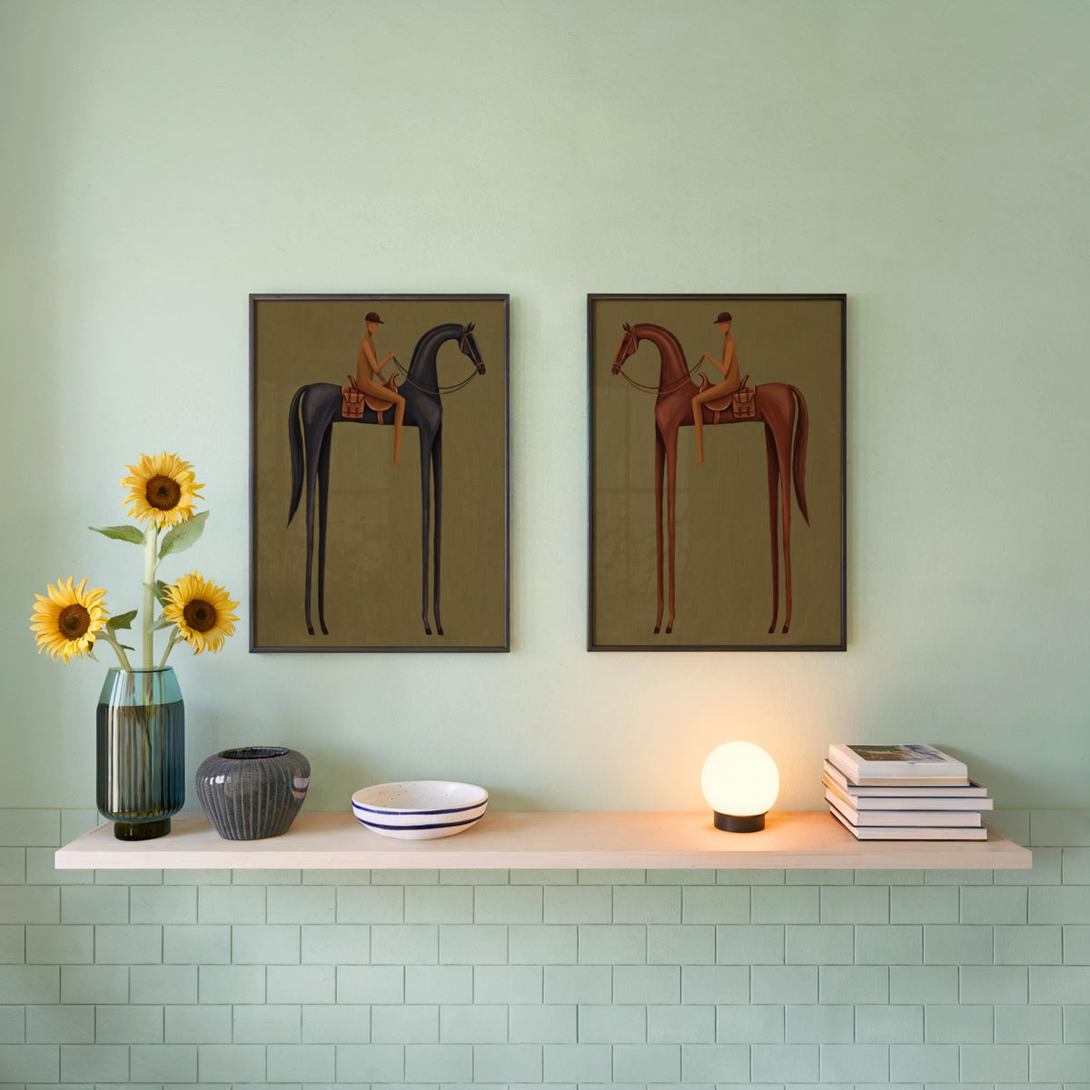 Equestrian Prints Set, Mid Century Modern Horse Wall Art, Vintage Jockey Painting, Neutral Surreal Diptych, Minimalist Western Rider Canvas