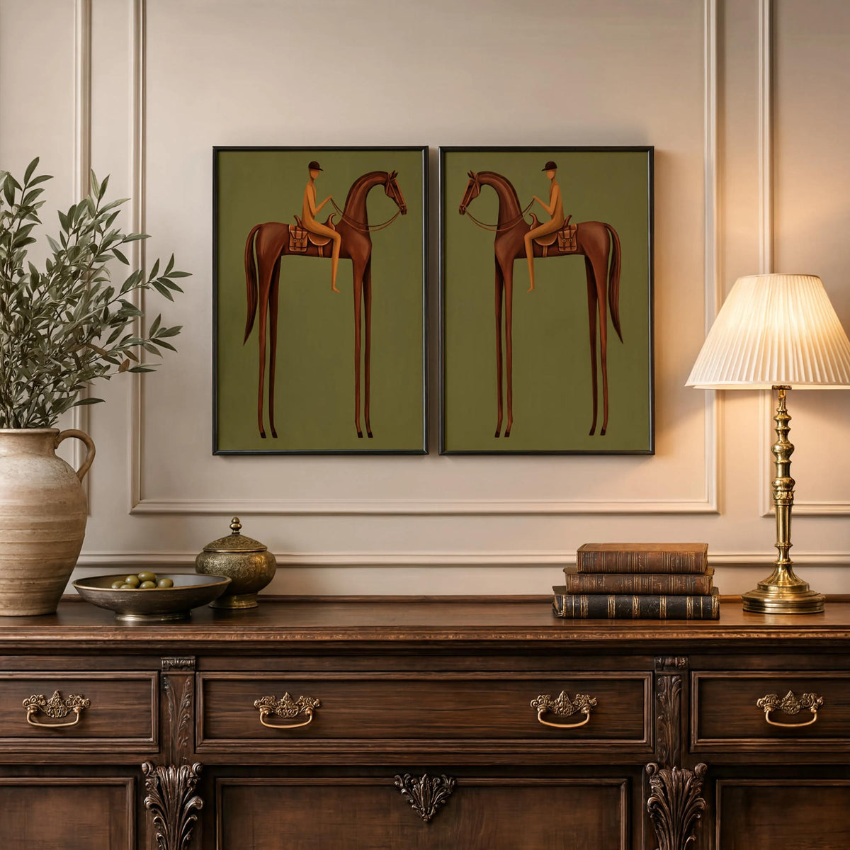 Equestrian Prints Set, Mid Century Modern Horse Wall Art, Vintage Jockey Painting, Neutral Surreal Diptych, Minimalist Western Rider Canvas