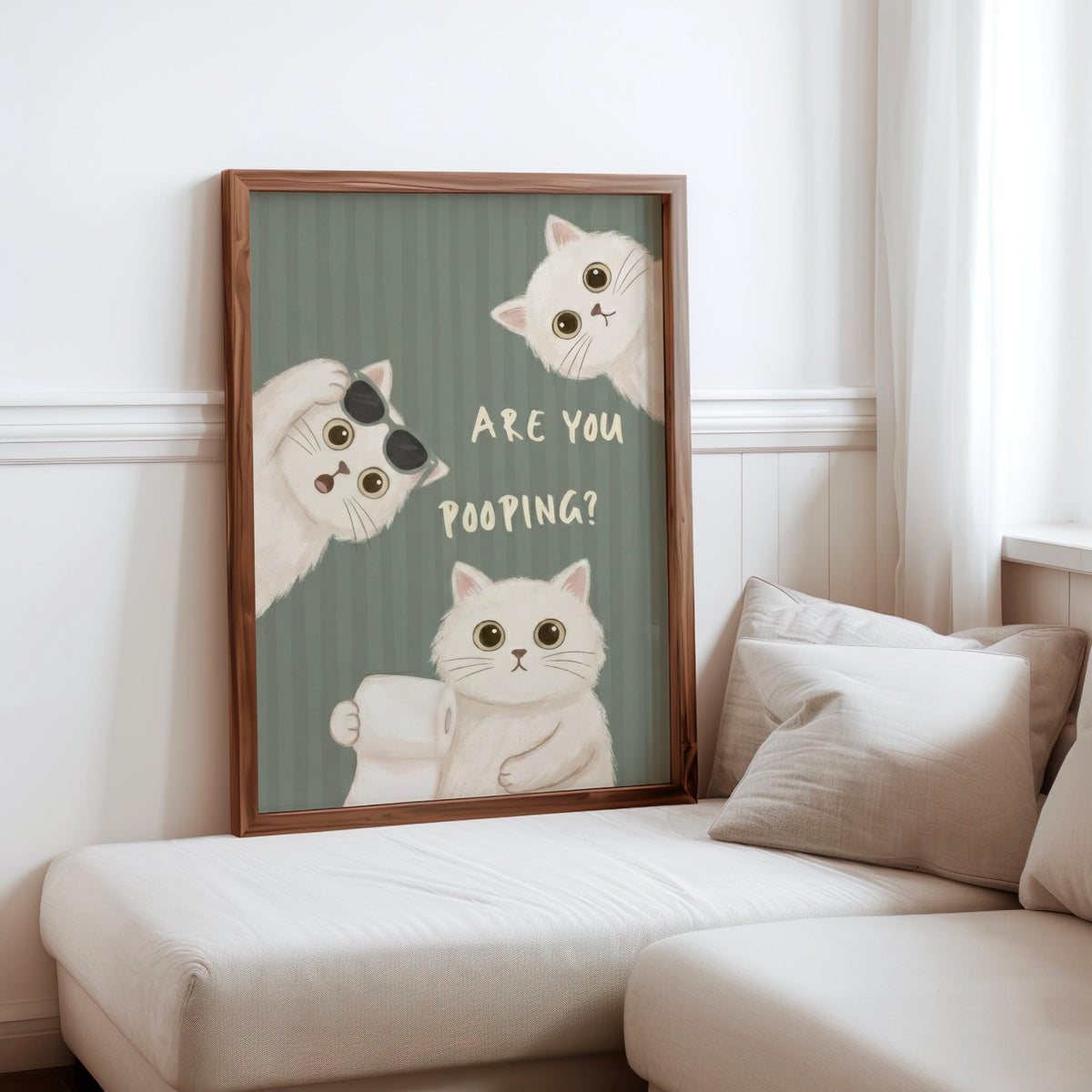 Are You Pooping Sign, Funny Cat Bathroom Decor, Whimsical White Cats Restroom Print, Quirky Powder Room Poster, Pastel Pink Green Blue Art