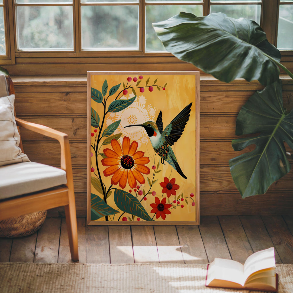 Framed hummingbird art print resting on wooden bench, oversized plant leaf and cozy boho room, mustard yellow tones.