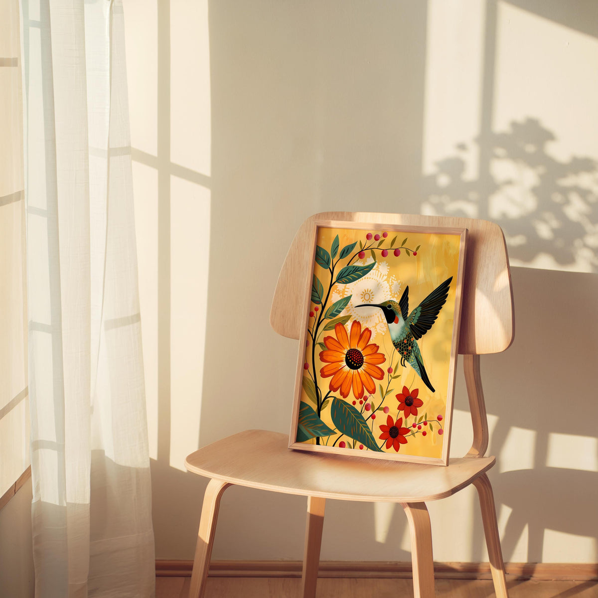 Small chair vignette with framed hummingbird flower wall decor, soft sun kissed glow, cottagecore and mid century feel.