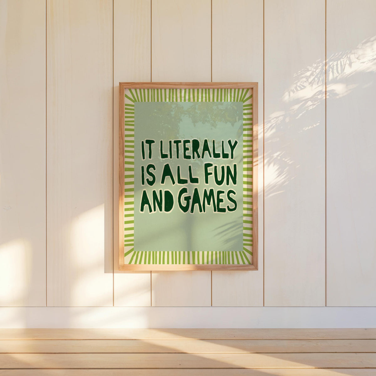 It's Literally All Fun and Games Poster, Wavy Typography Print, Striped Border Wall Art, Funny Quote Poster, Retro Green Pink Blue Decor